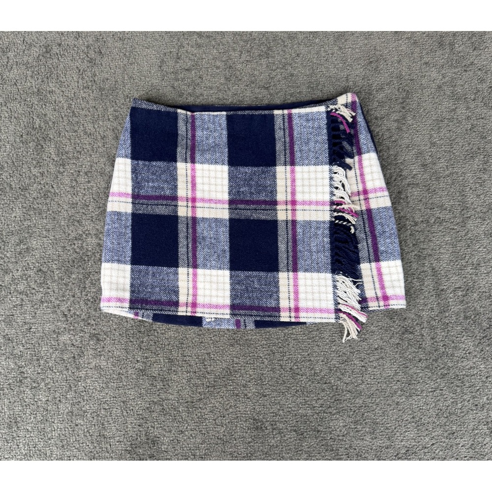Victoria's Secret PINK Wool Blend Plaid Fringe Mini Skirt Navy Magenta XS